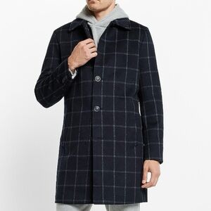 Express Men's Navy Checkered Wool-Blend Topcoat
